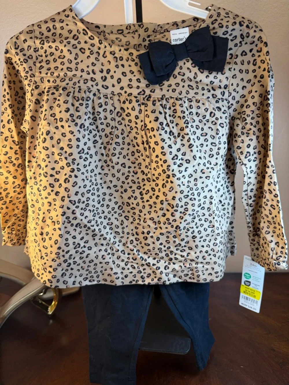 Carter's Tan Leopard Print Long Sleeve Top with‎ Navy Bow Accent